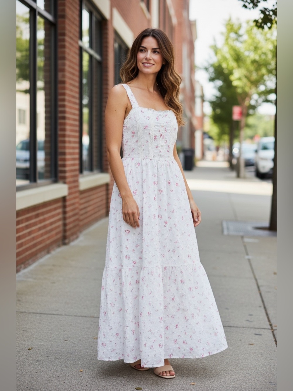 Blu Pepper White and Pink Floral Smocked Maxi dress, size M